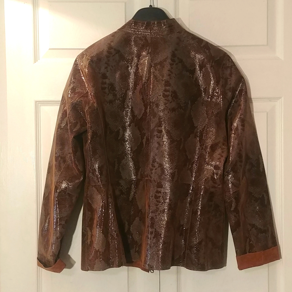 Python Print Suede Brown Zipped Front Jacket Sz L? - image 3